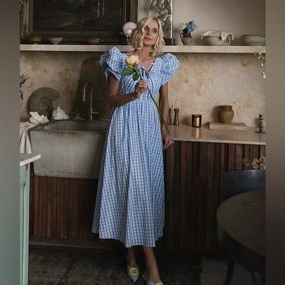 NWT Antonio Melani x Jennifer Sumko Catherine Gingham Puff Sleeve Midi Dress - Picture 2 of 6